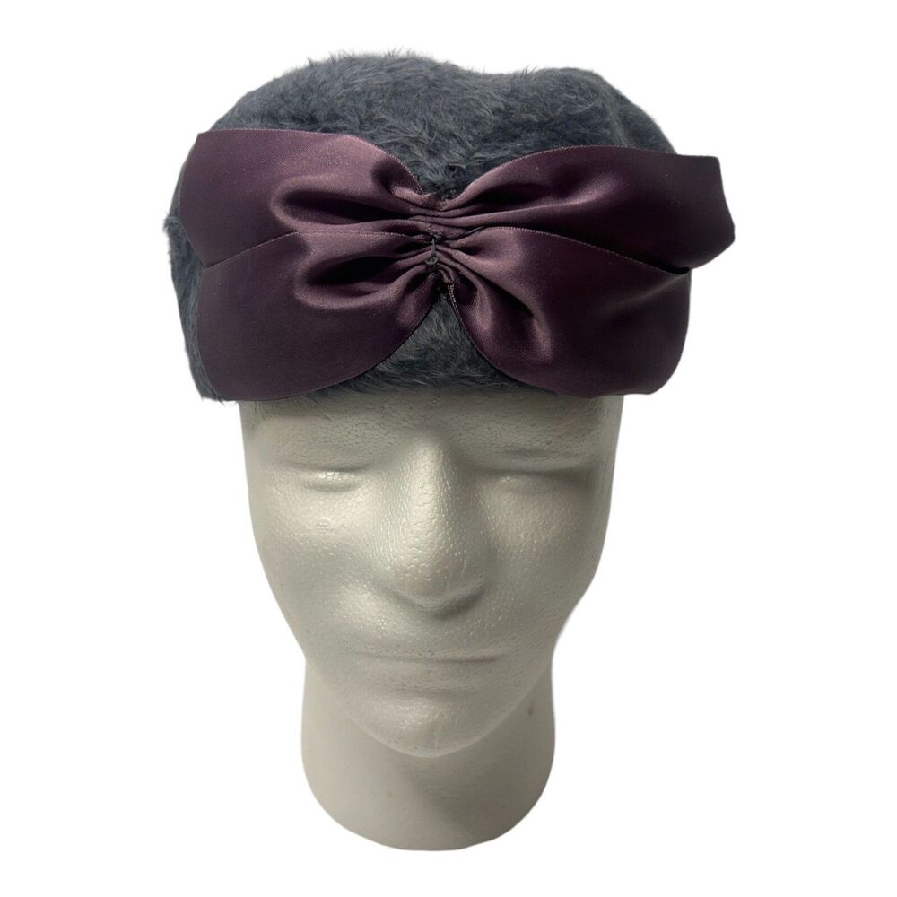 Parkridge Exclusives Vtg Women’s Faux Fur Gray Pillbox Hat With Purple Ribbon